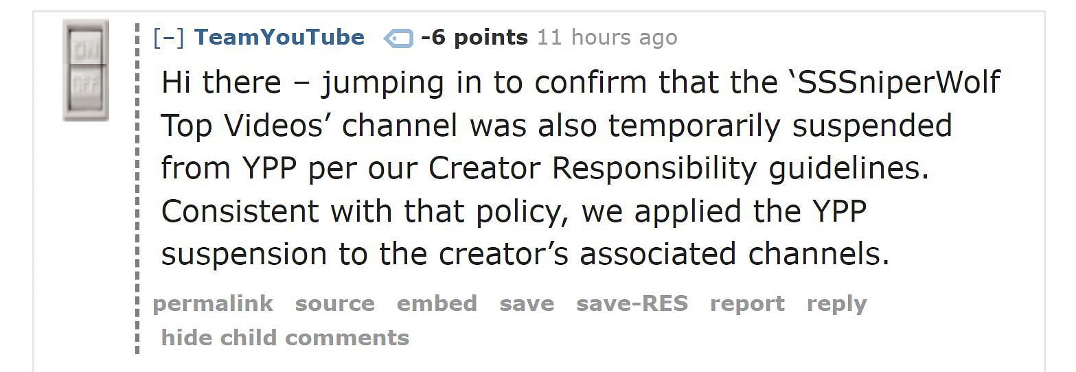 YouTube&#039;s response posted on the r/JacksFilms subreddit (Image via Reddit)