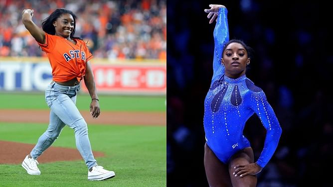 Simone Biles reacts to Houston Astros' win over Texas Rangers in MLB playoffs