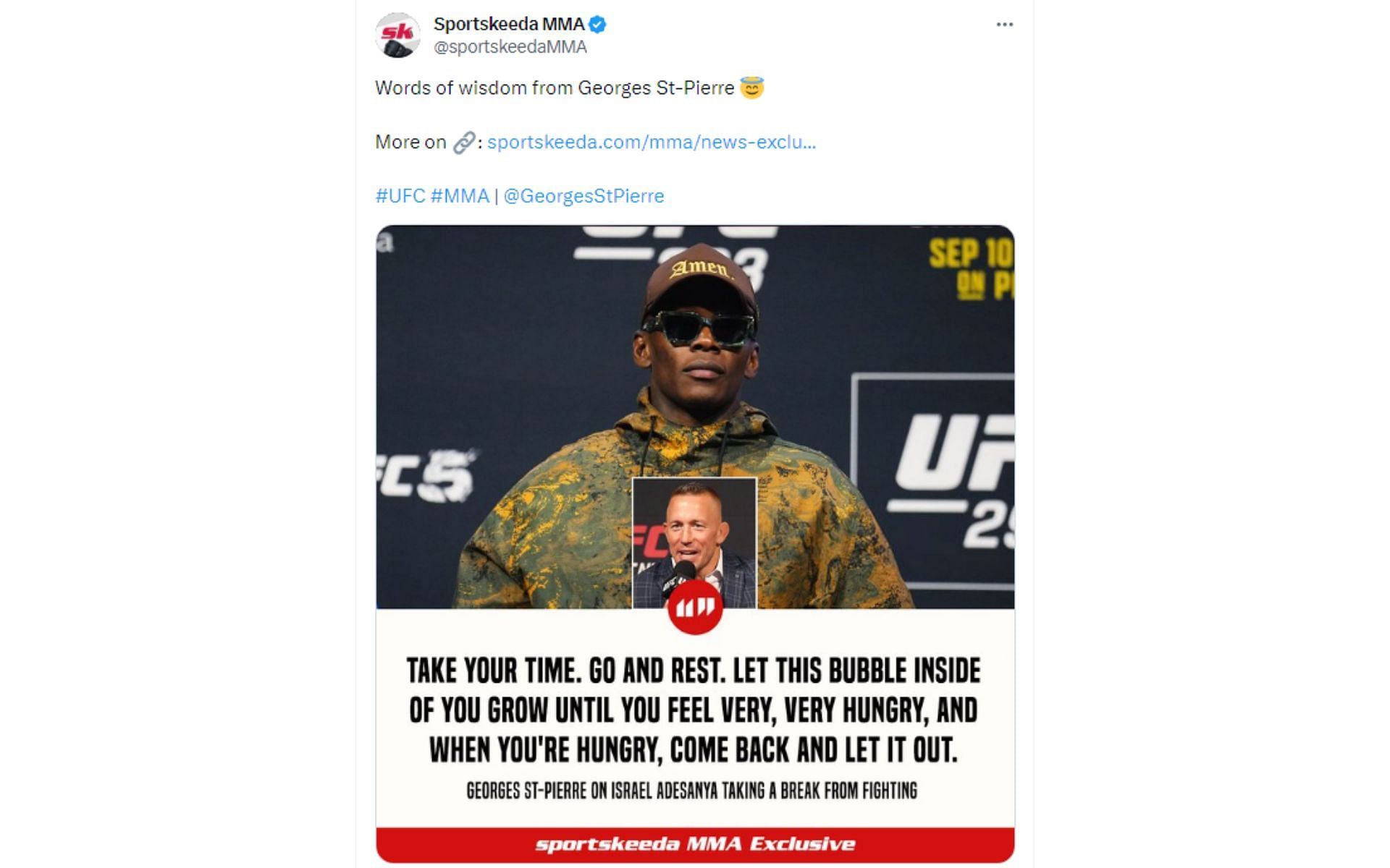 Tweet regarding message to Israel Adesanya