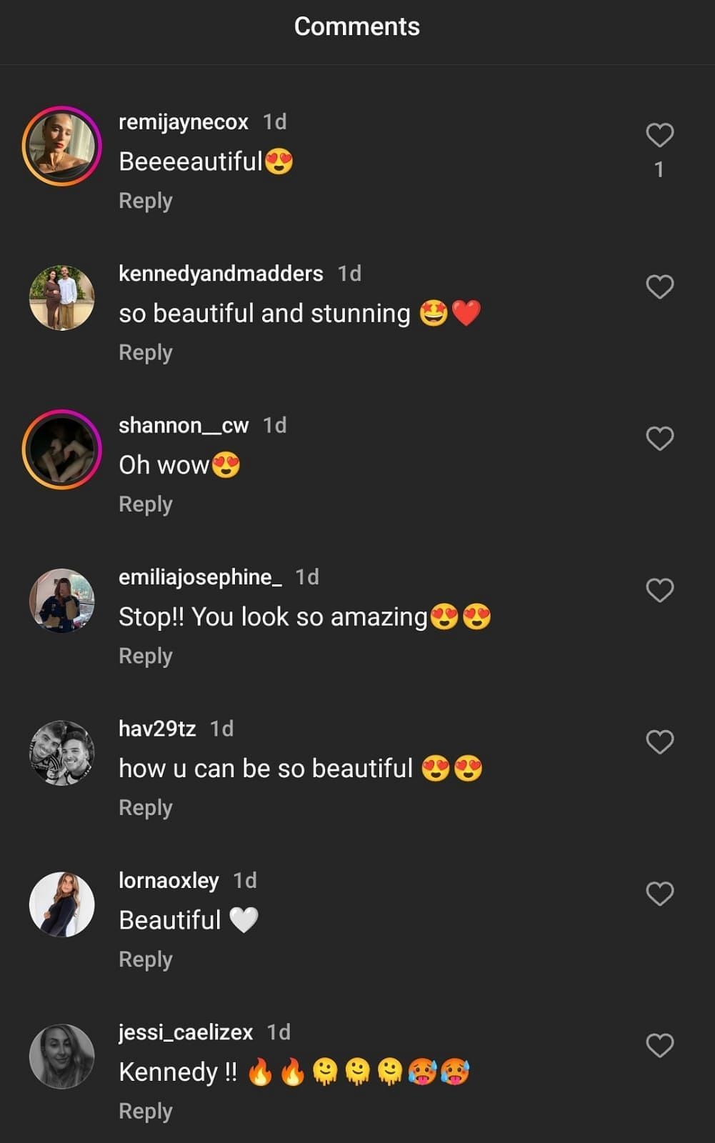 A screenshot of the comments on Kennedy Alexa&#039;s latest Instagram post.