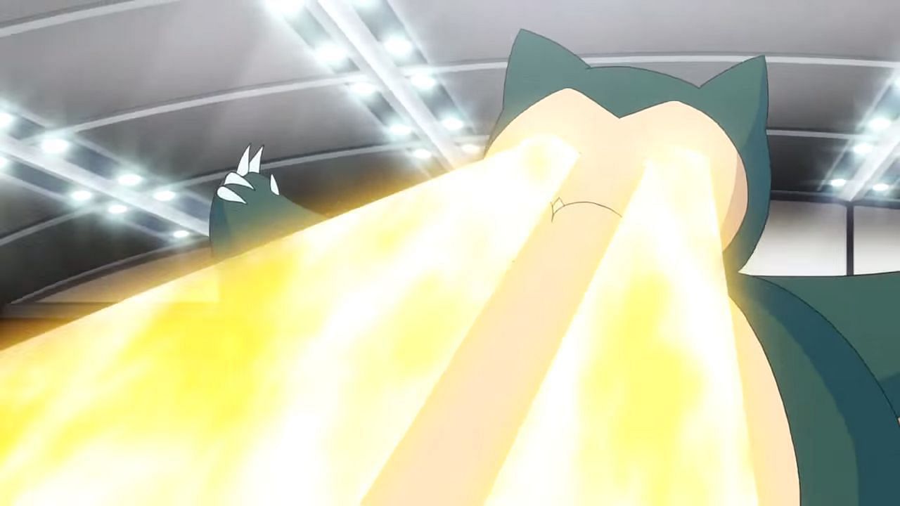 Snorlax, a Normal-type creature, using Hyper Beam, a Normal-type move in the anime (Image via The Pokemon Company)