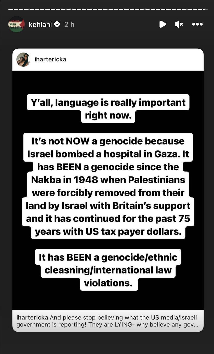 Kehlani shared their thoughts on how Genocide was prevalent since 1948 after Israel bombed a hospital
