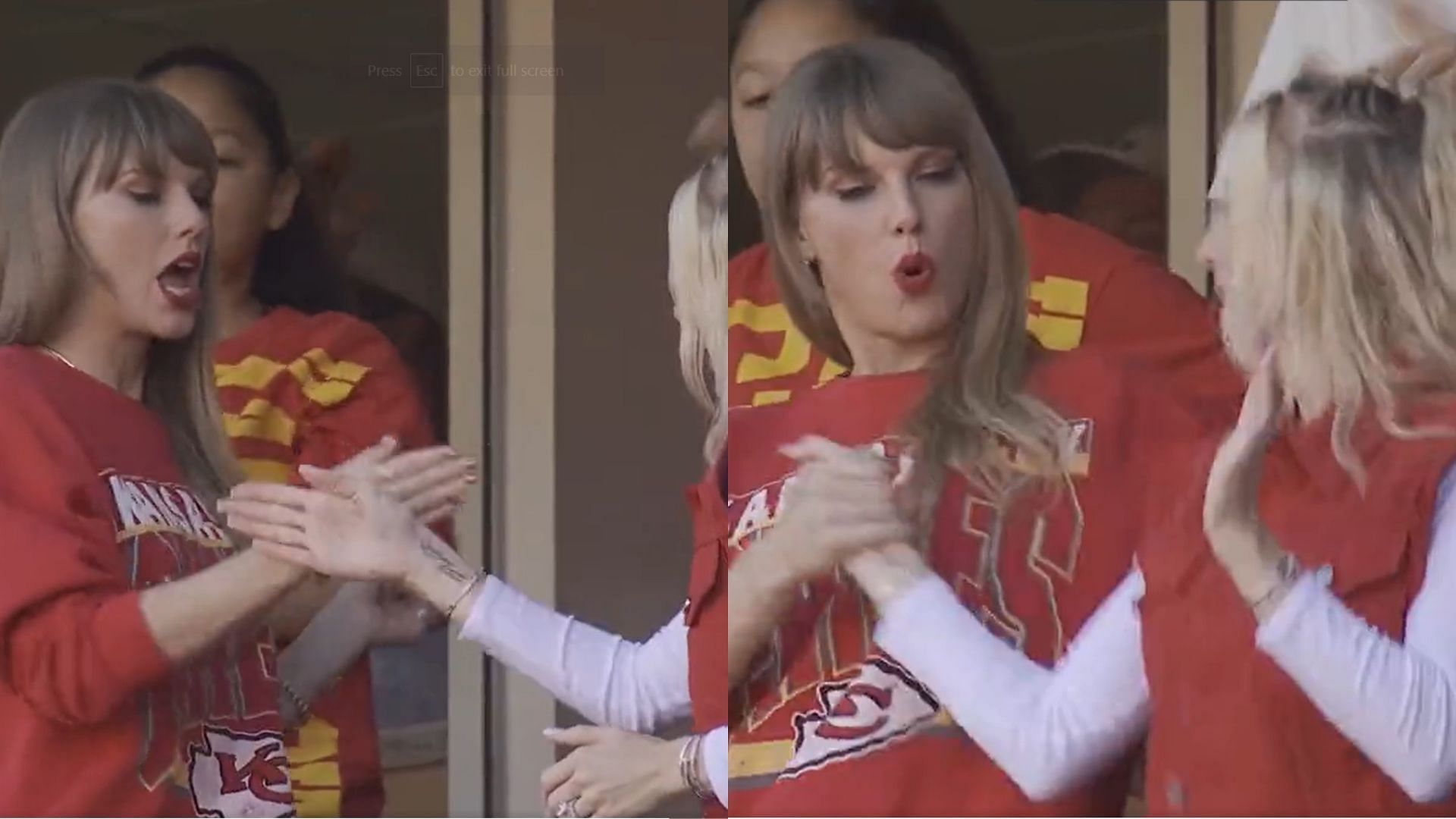 Newly-minted best friends Taylor Swift and Brittany Mahomes doing the secret handshake during the Chiefs