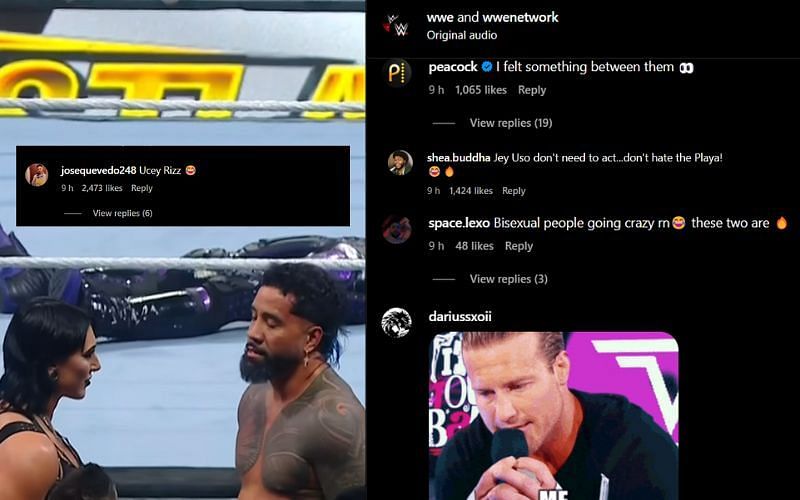 WWE fans react to Rhea Ripley flirting with Jey Uso at WWE Fastlane 2023.