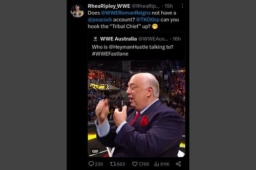 Rhea Ripley's reaction to Paul Heyman calling Roman Reigns at Fastlane