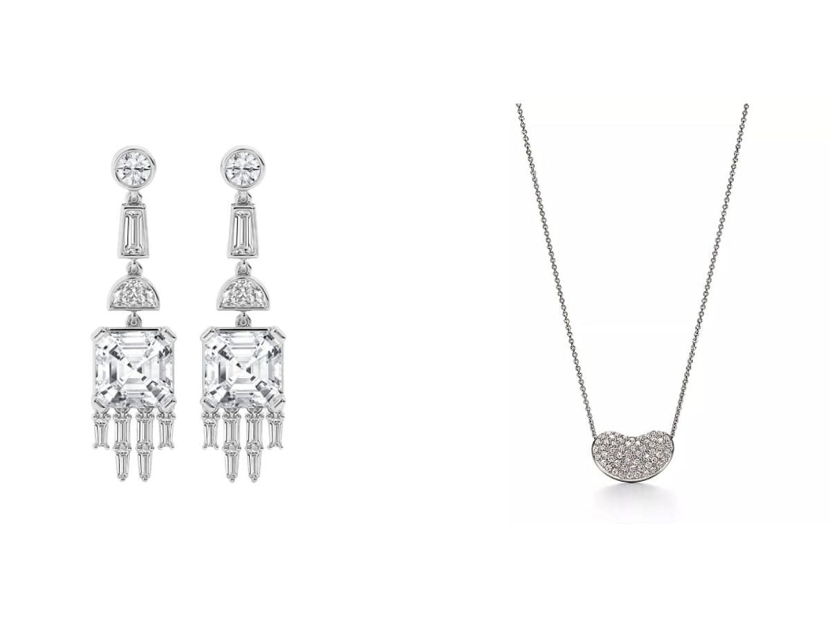 The Grown Brilliance chunky lab-grown drop earrings and the Tiffany Elsa Peretti necklace. (Image via brands&rsquo; website)