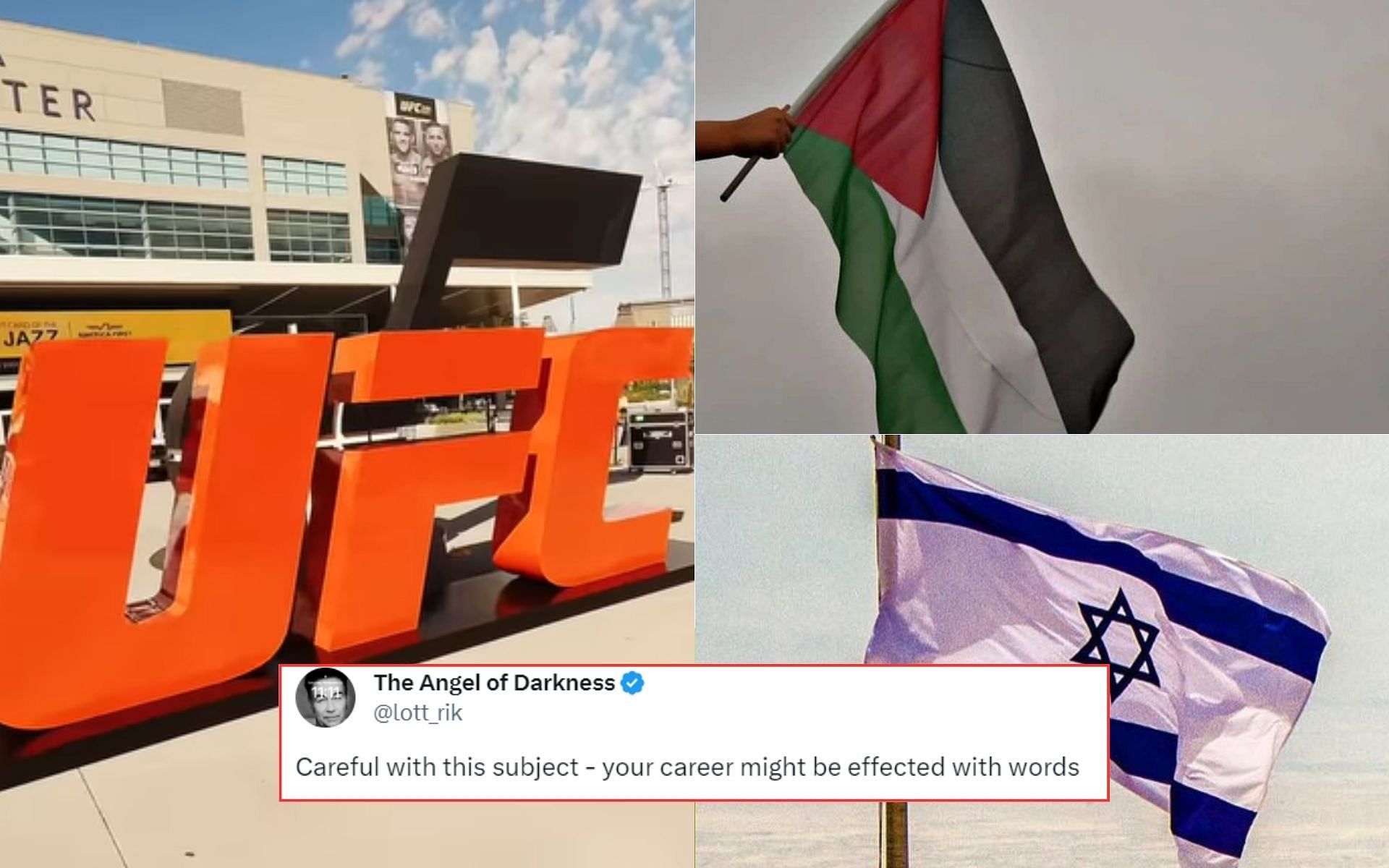 UFC (left) Palestine flag (right top) Israeli flag (right bottom) [Image courtesy @ufc @veiled.sovl @israel_destination on Instagram]