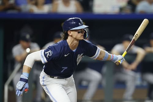 Kansas City Royals' Bobby Witt Jr. watches his single against the New York Yankees during the third inning of a baseball game in Kansas City, Mo., Friday,