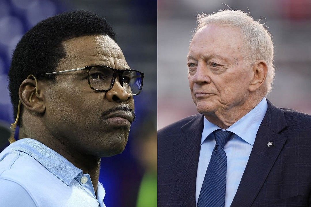 Michael Irvin, left, Jerry Jones, right