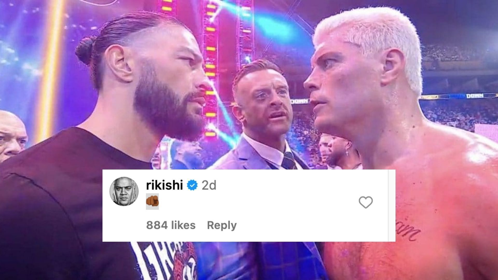 Rikishi reacts to confrontation between Reigns and Rhodes on Instagram.
