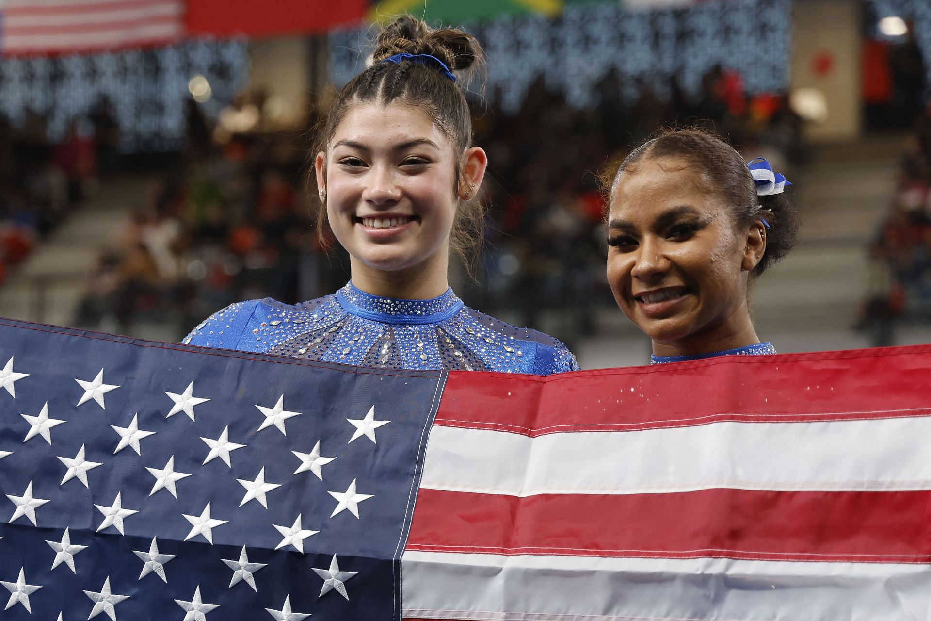 Gold medalist Kayla Dicello and Bronze medalist Jordan Chiles of Team United States celebrate after competing in the Women&#039;s All-Around at the 2023 Pan Am Games in Santiago,