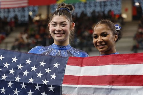 Gold medalist Kayla Dicello and Bronze medalist Jordan Chiles of Team United States celebrate after competing in the Women's All-Around at the 2023 Pan Am Games in Santiago,