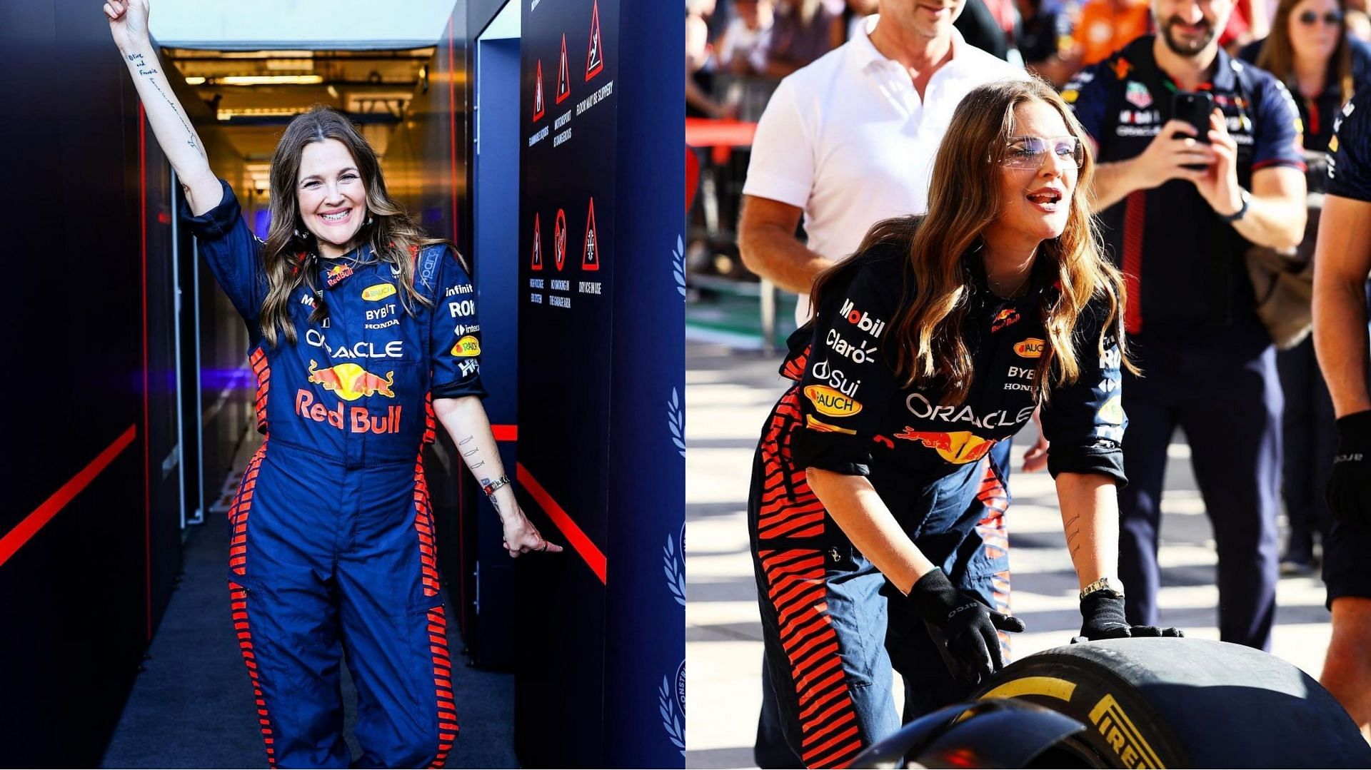 Drew Barrymore in the Red Bull paddocks performing a pit stop