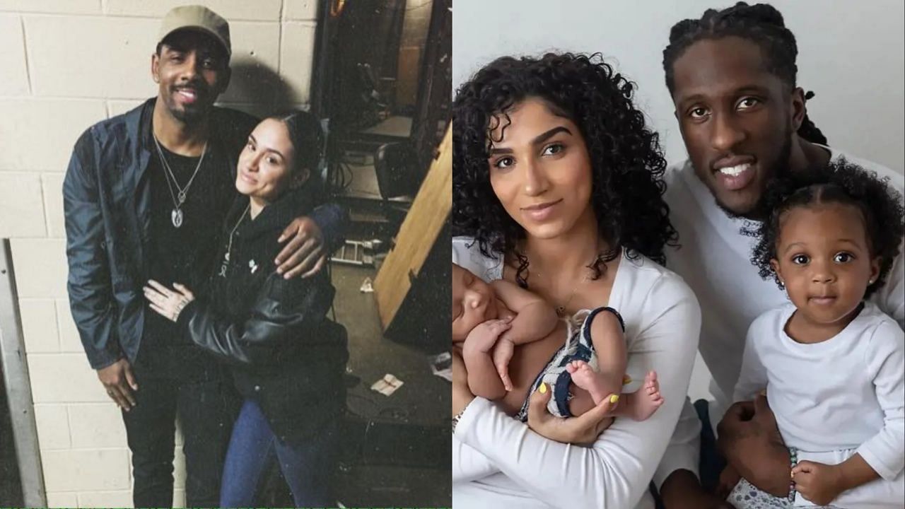 Kyrie Irving with Kehlani (L) and Taurean Prince with wife Hanah (R)