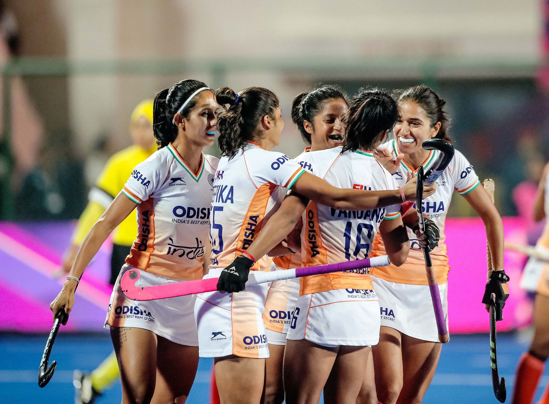 Indian Women&#039;s Hockey Team players celebrates a goal (Image Credits: Hockey India)
