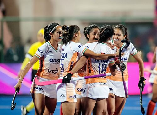 Indian Women's Hockey Team players celebrates a goal (Image Credits: Hockey India)