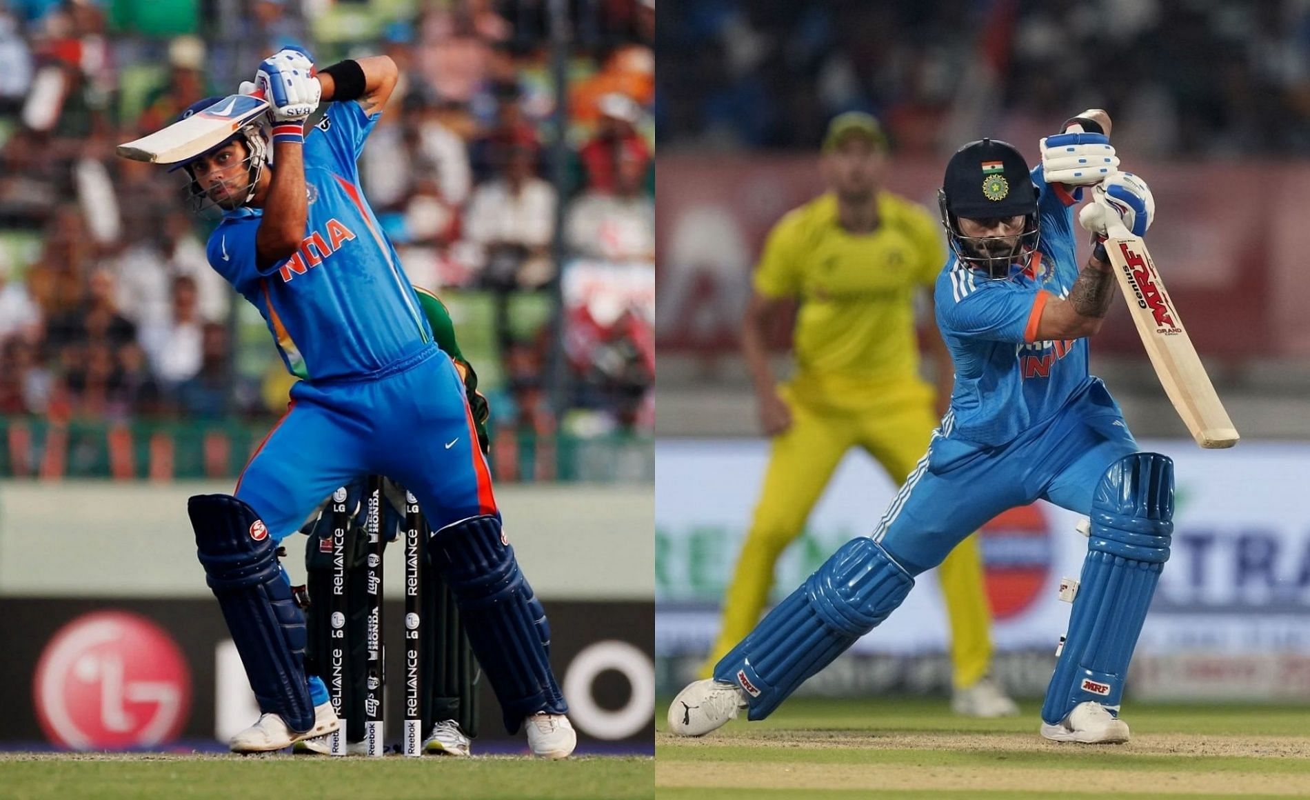 (Left) Virat Kohli during the 2011 World Cup; (Right) the batter during the 2023 ODI series against Australia. (Pics: Getty Images &amp; AP)