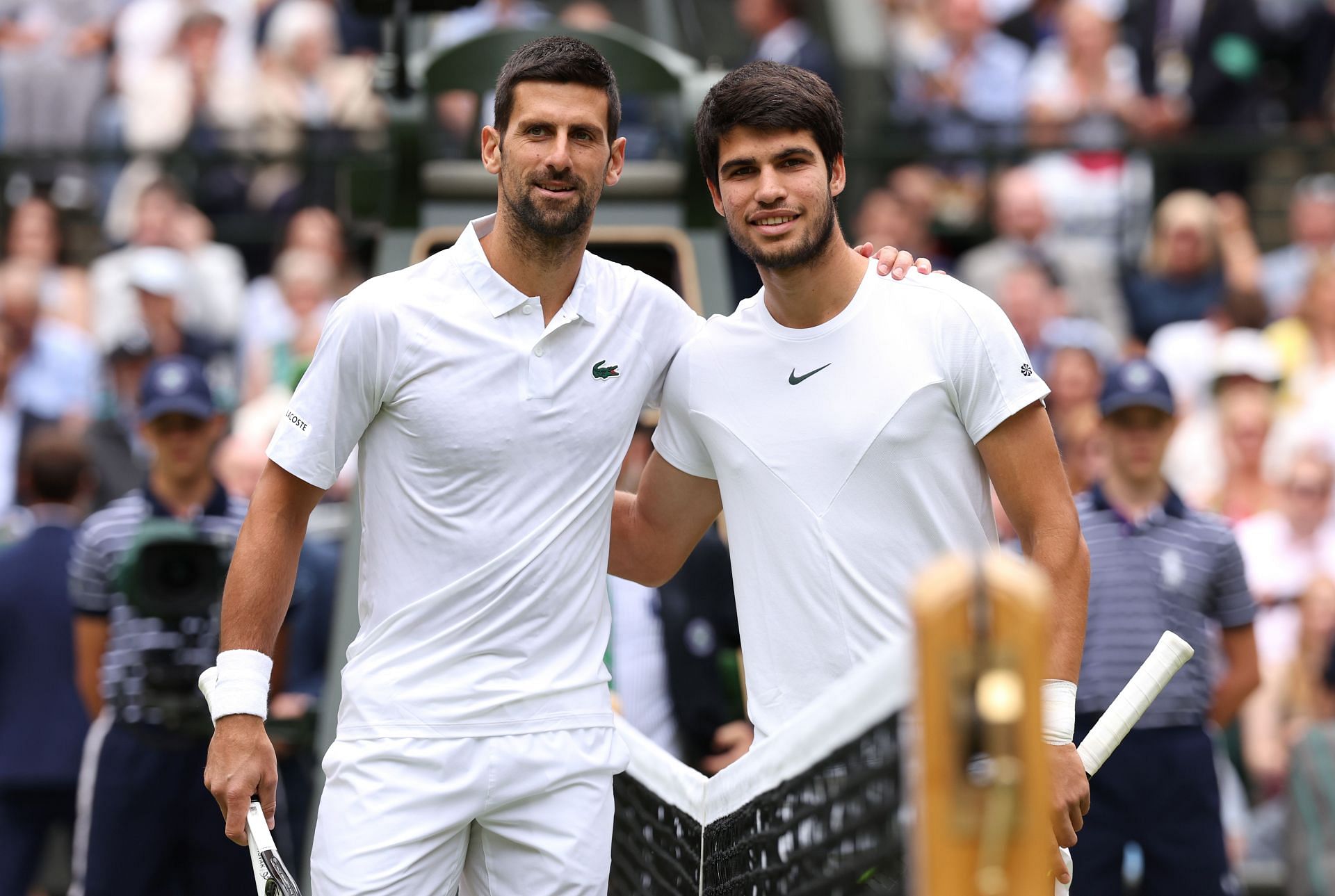 Carlos Alcaraz and Novak Djokovic in the 2023 Wimbledon Championship final.