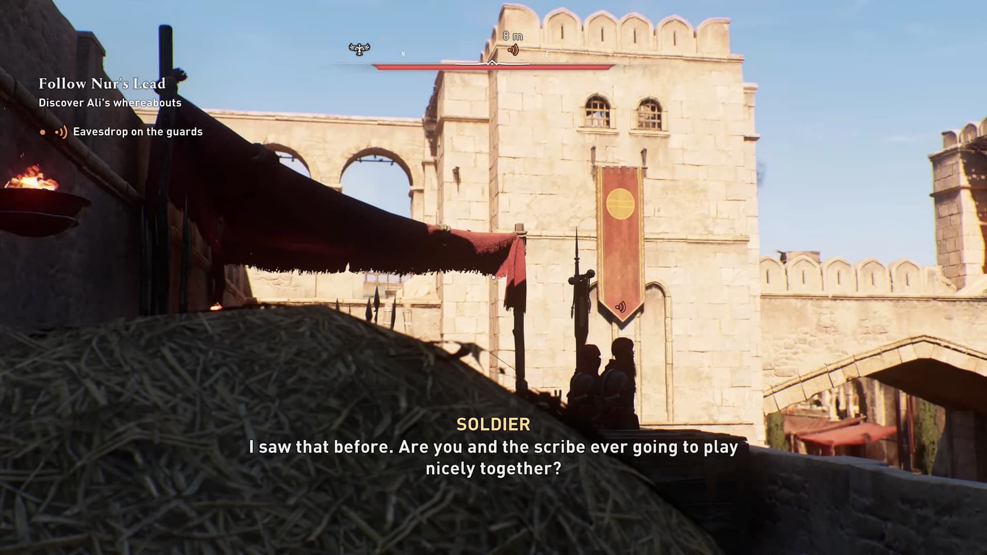 Eavesdrop to gather more information from the guards (Image via Ubisoft)