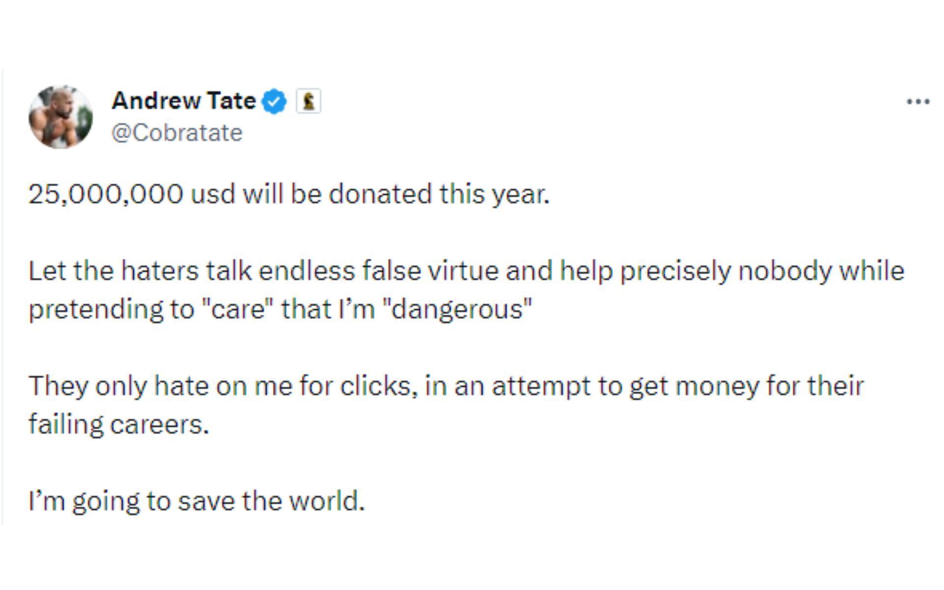 Tweet regarding sizable donation