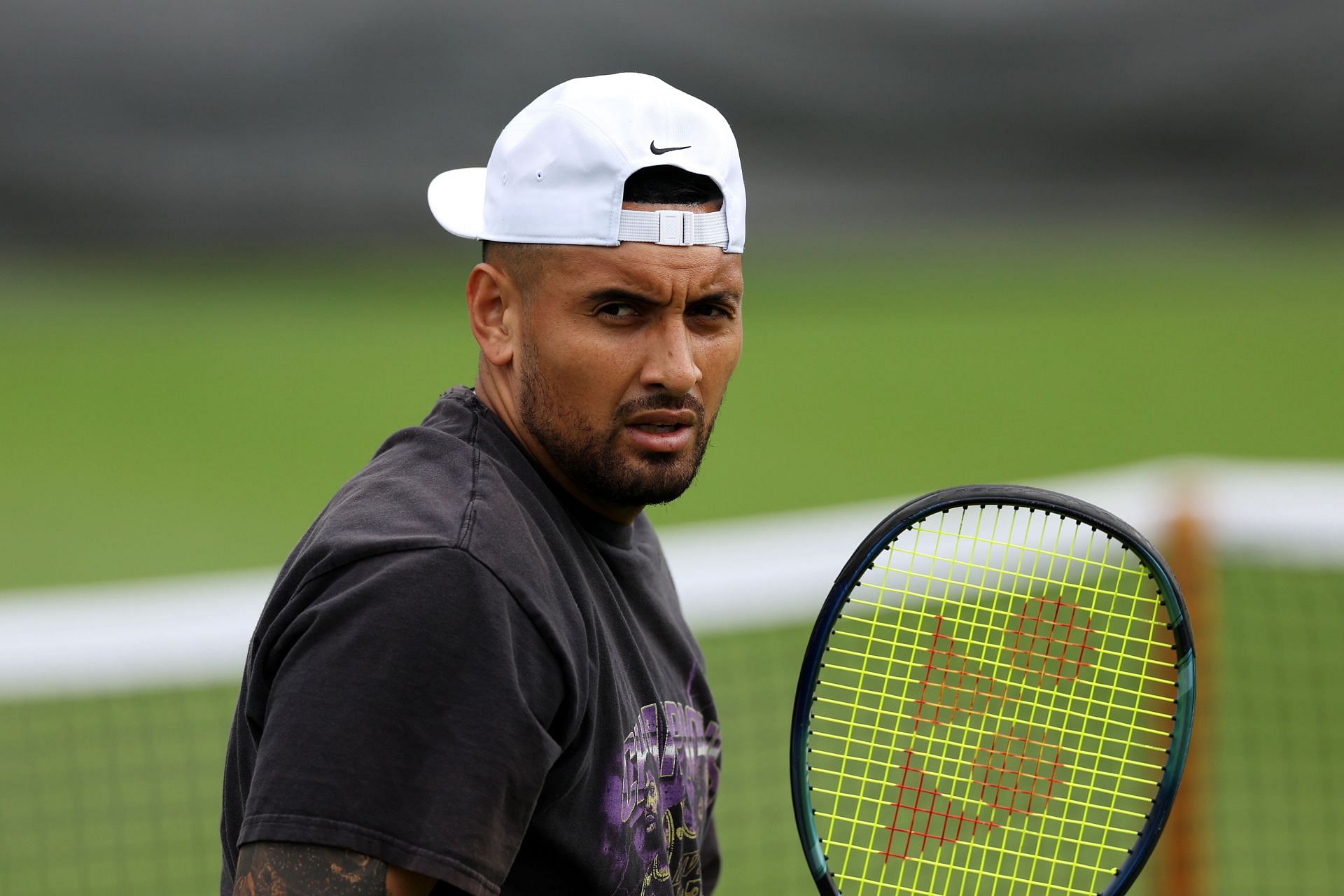 Nick Kyrgios at a practice session ahead of Wimbledon 2023