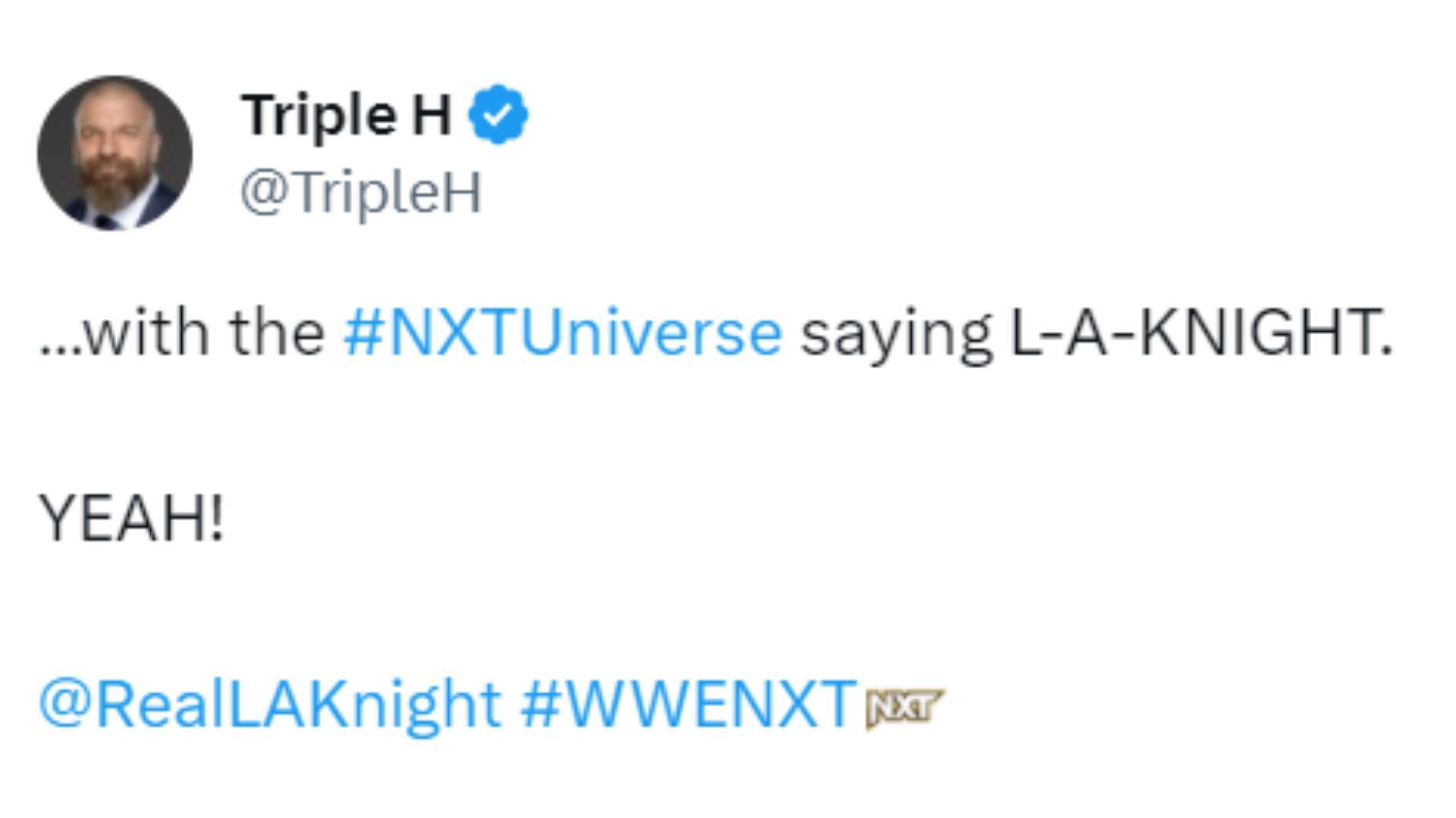 Triple H reacts to LA Knight&#039;s appearance on NXT.