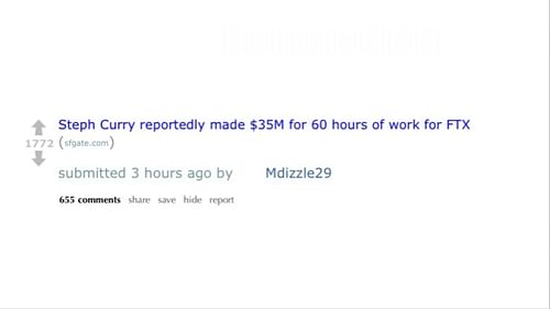 Reddit Post Regarding Steph Curry's FTX Earnings