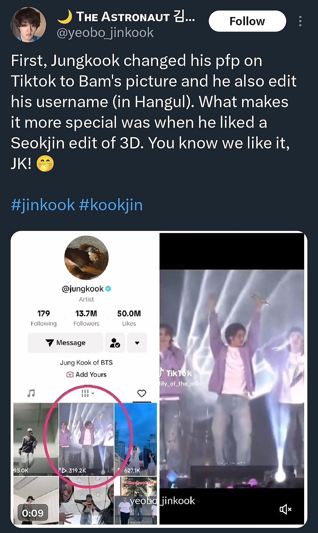 Fans talking about Jungkook&#039;s Tiktok new name and profile (Image via yeobo_jinkook)