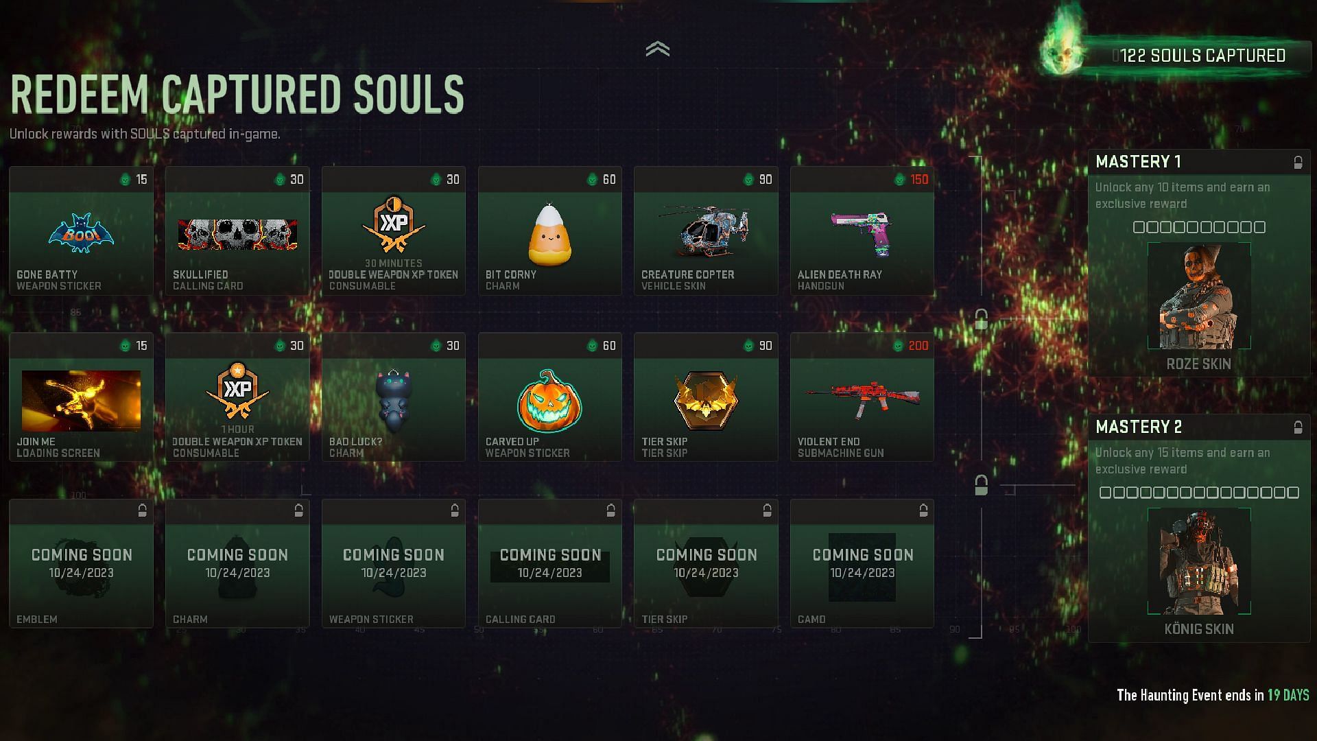 Warzone 2 Soul Capture event item list (Image via Activision)
