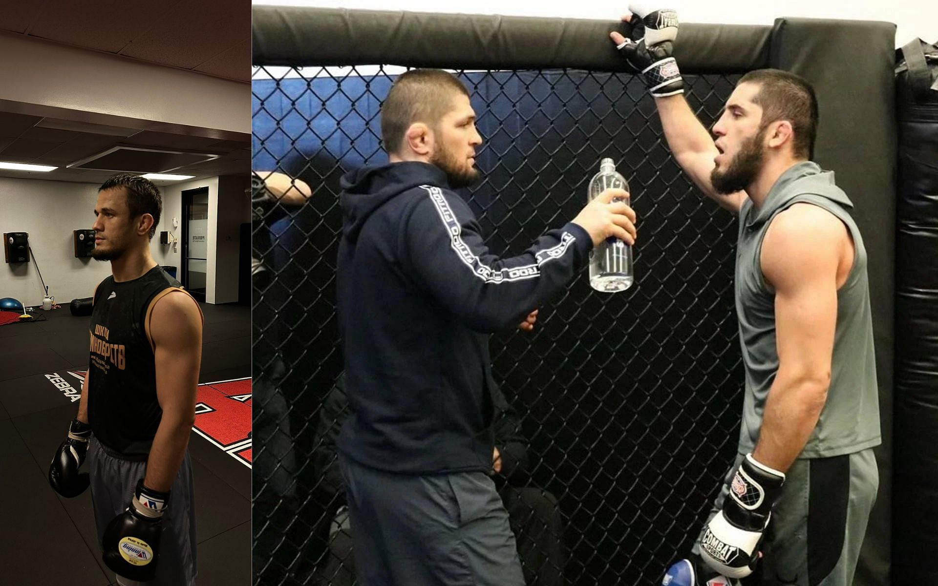 Usman Nurmagomedov (left) [image courtesy of @Usmannmgdv/Twitter]; Khabib Nurmagomedov and Islam Makhachev (right) [image courtesy of @khabib_nurmagomedov/Instagram]