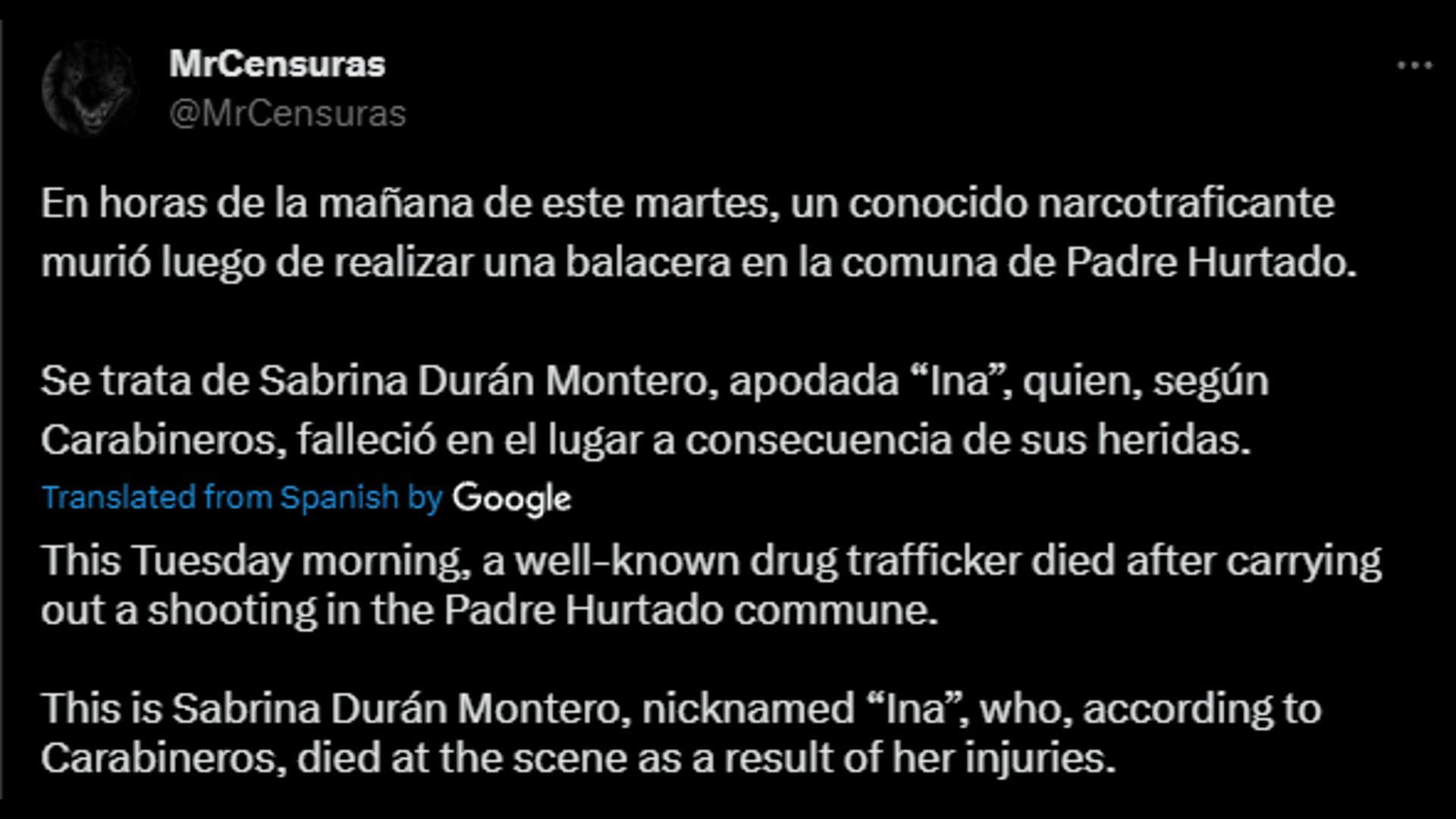 A user on X shares the news of Montero&#039;s killing. (Image via X/MrCensuras)