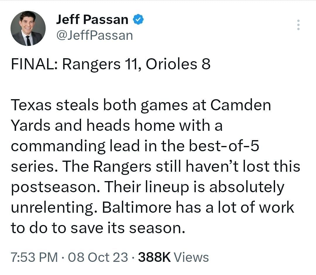 Jeff Passan has stressed concern for the Orioles, while emphasizing the potency of the Rangers lineup