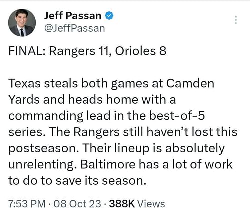 Jeff Passan has stressed concern for the Orioles, while emphasizing the potency of the Rangers lineup