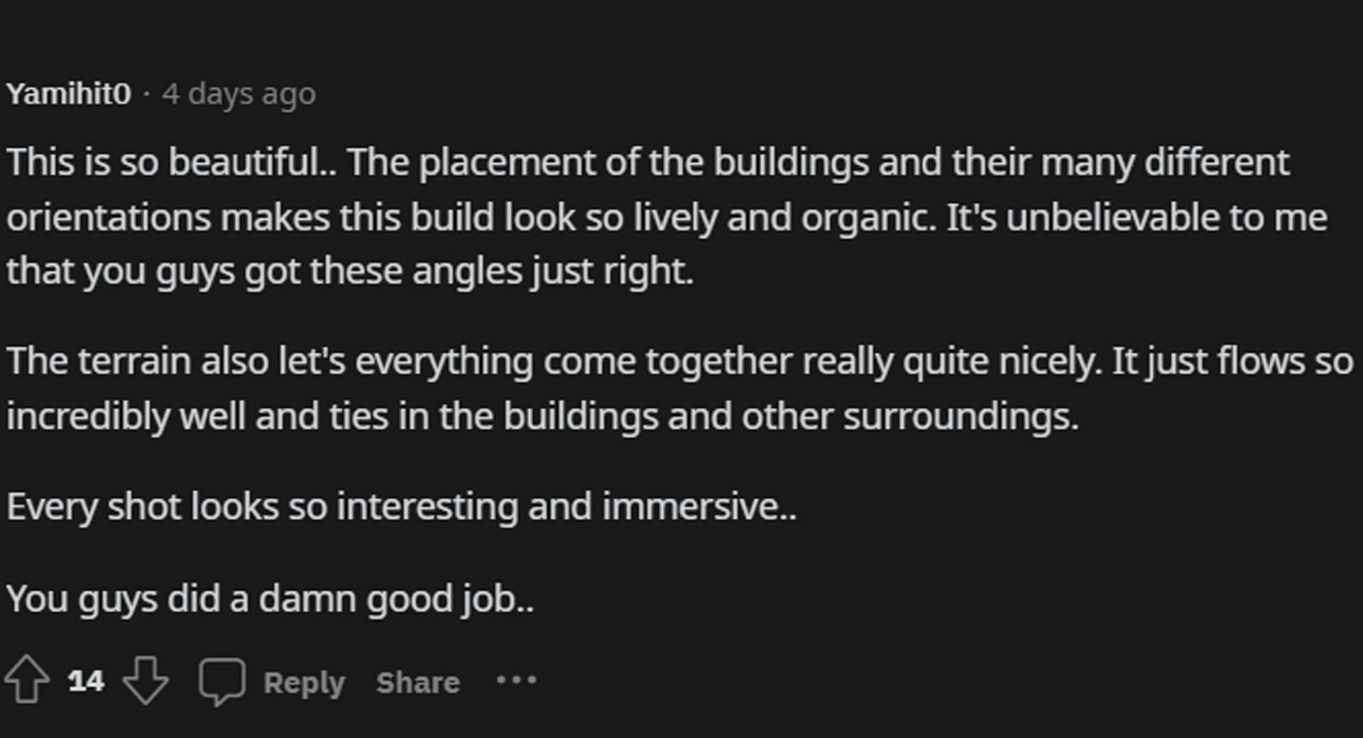 One Minecraft fan&#039;s comment pertaining to the uniqueness of the kingdom build (Image via Yamihit0/Reddit)