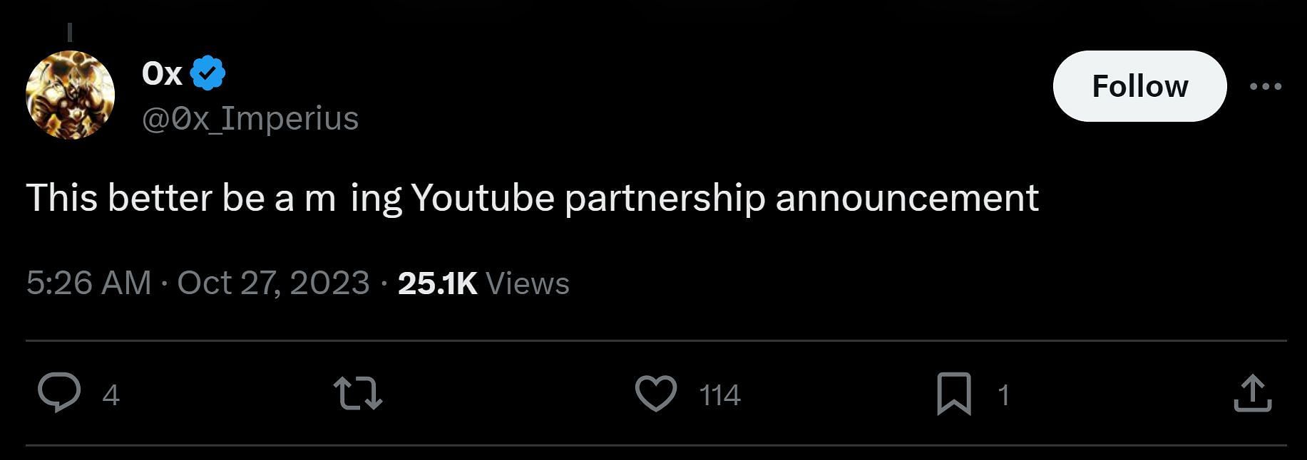 Fan&#039;s comment, expecting the streamer to announce YouTube partnership (Image via X)