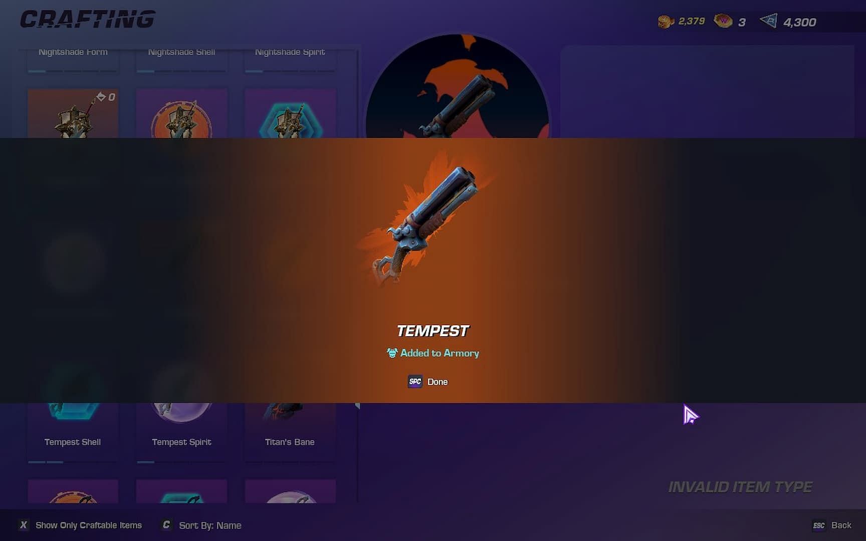 Wayfinder in-game user interface showing that the user has claimed the Tempest weapon by crafting it