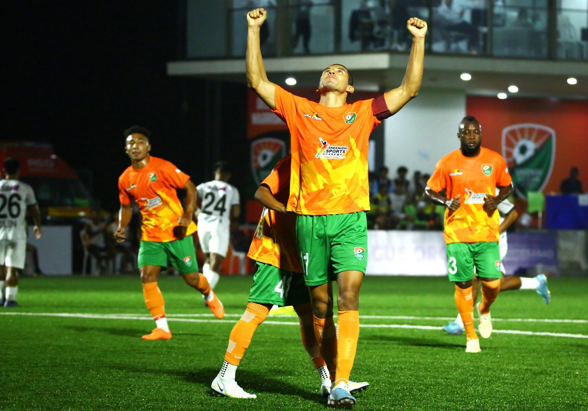 David Castaneda celebrating his second goal against NEROCA on Sunday.