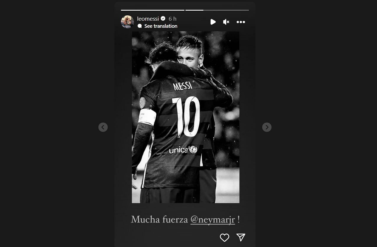 Screenshot of Lionel Messi responding to Neymar's injury on his Instagram story