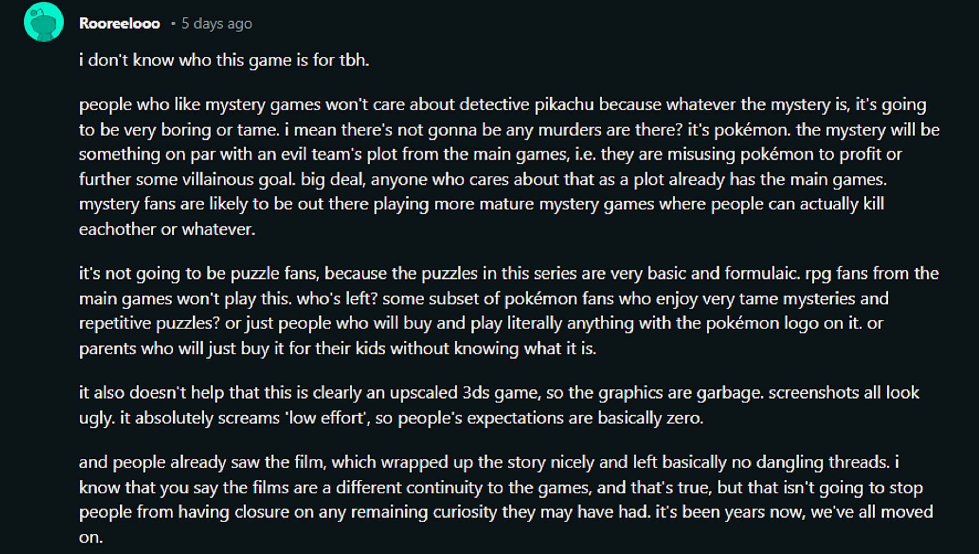 One Pokemon fan describes the lack of appeal surrounding the Detective Pikachu sequel (Image via Rooreelooo/Reddit)