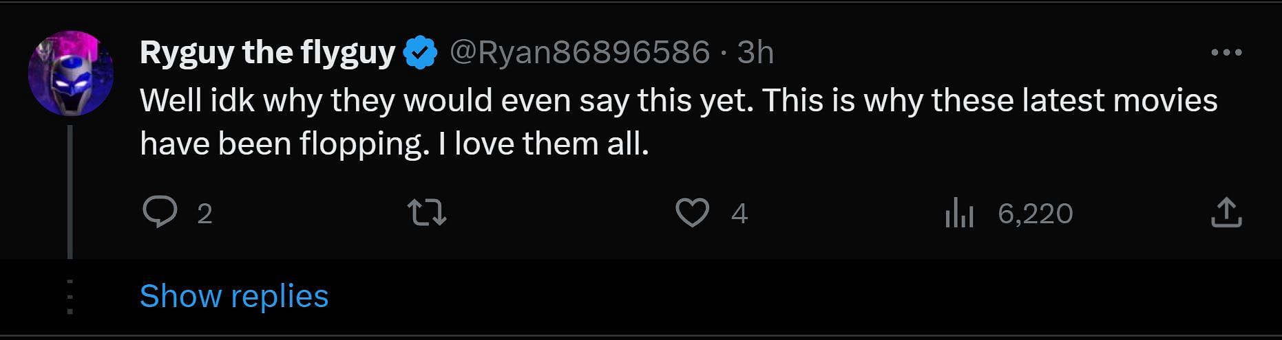 A tweet reply to DF&#039;s post about Justice League (Image via X/@Ryan86896586)