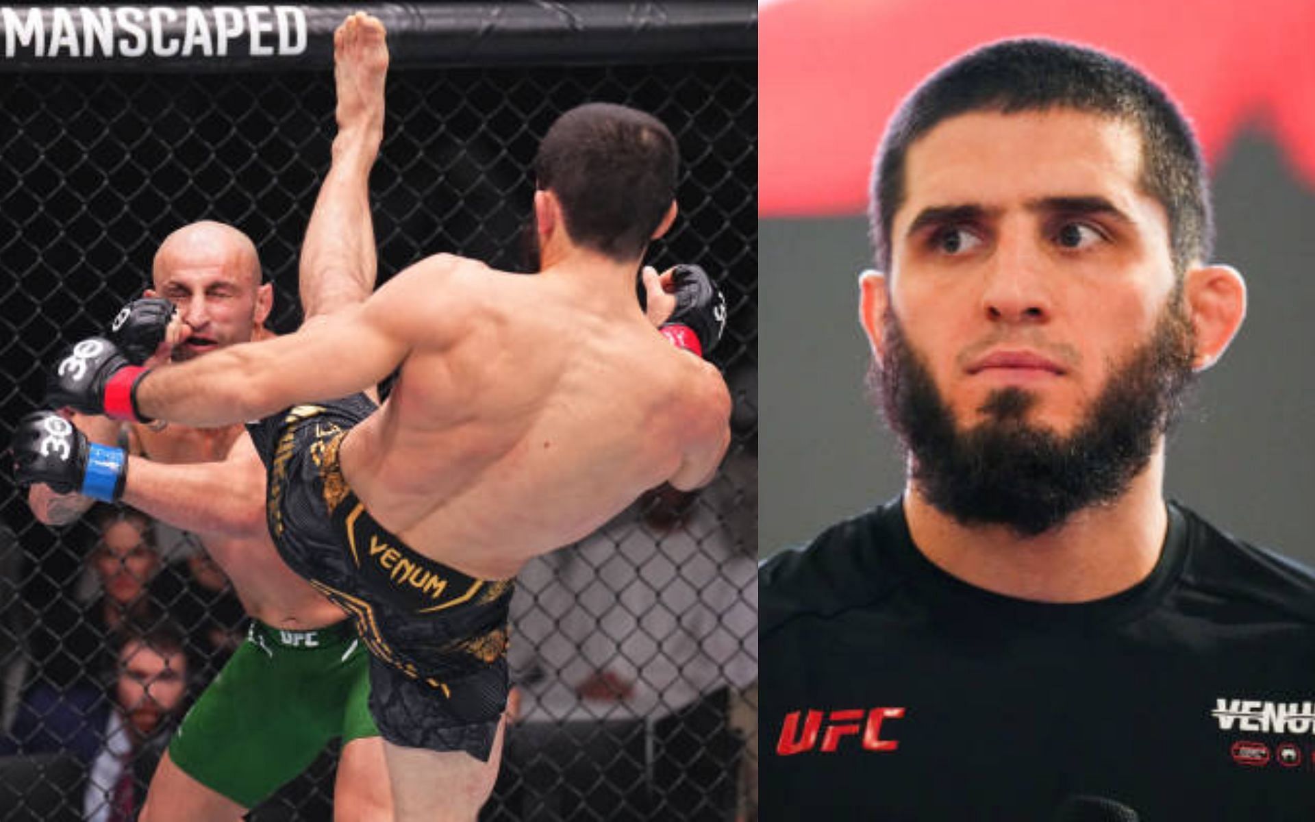 Islam Makhachev vs. Alex Volkanovski (left) and Islam Makhachev (right) [Images Courtesy: @GettyImages]