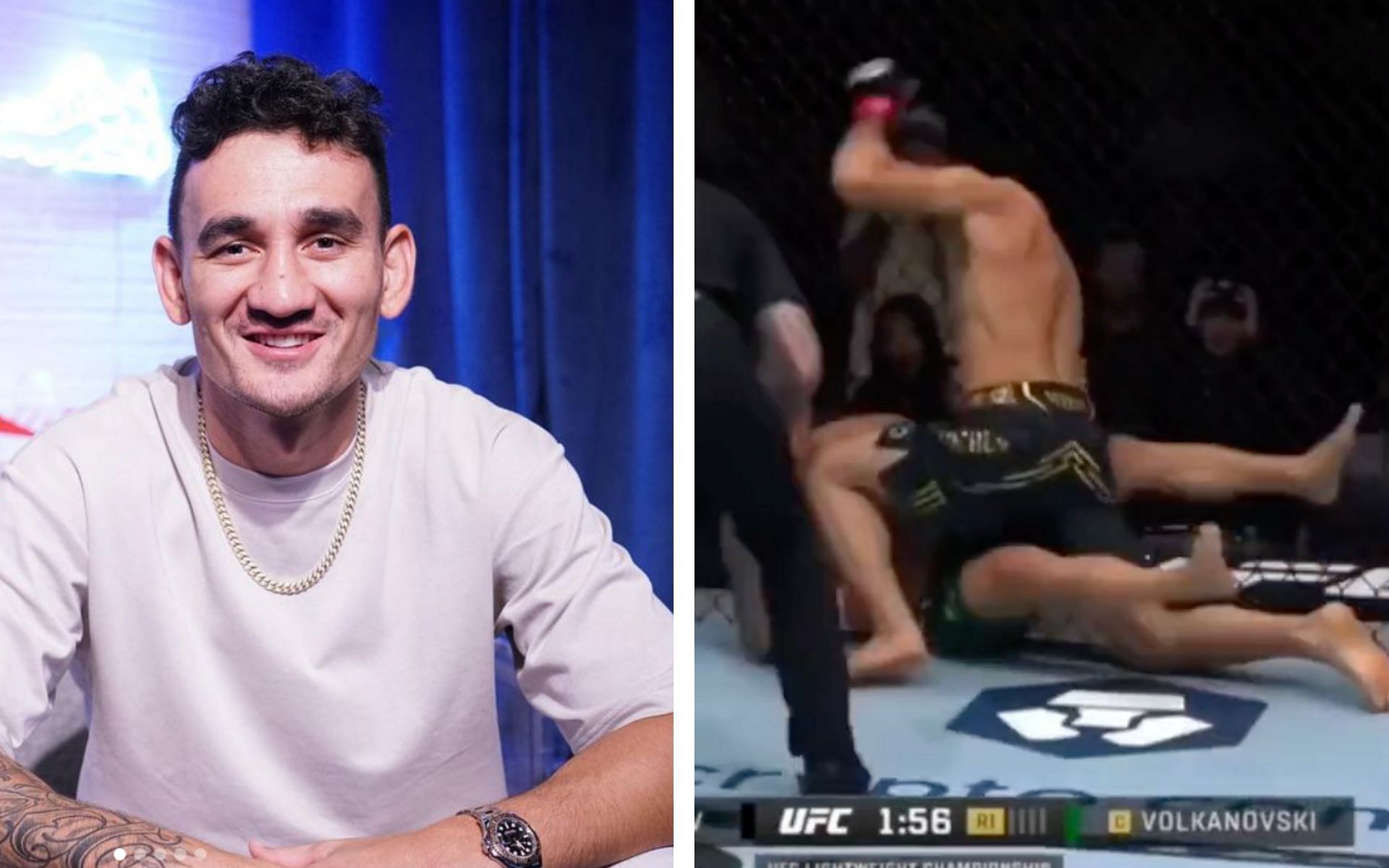 Max Holloway (left) reacts to Islam Makhachev