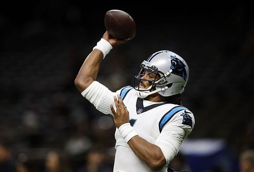 Carolina Panthers v New Orleans Saints: NEW ORLEANS, LOUISIANA - JANUARY 02: Cam Newton #1 of the Carolina Panthers warms up before the game against the New Orleans Saints at Caesars Superdome on January 02, 2022 in New Orleans, Louisiana. (Photo by Chris Graythen/Getty Images)