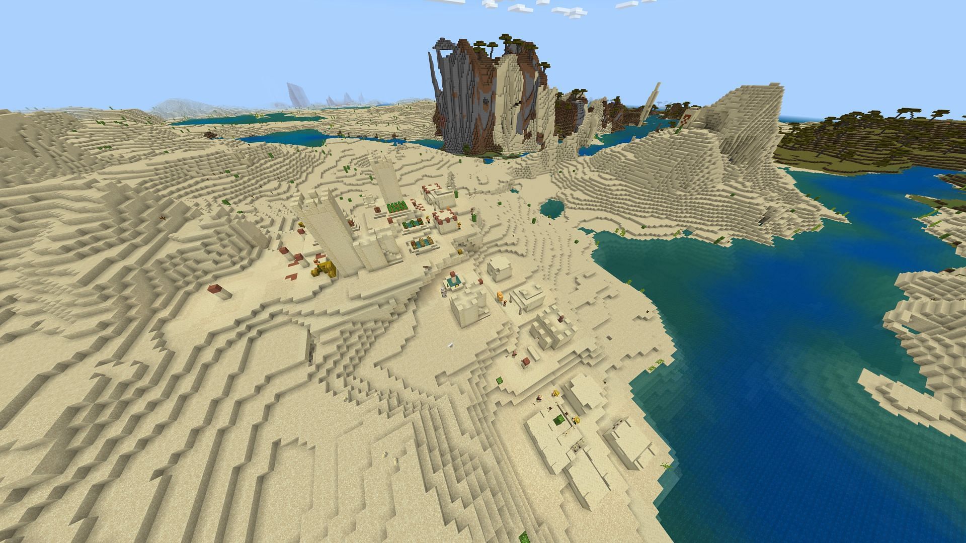 This Minecraft Bedrock seed&#039;s nearest village has several structures around it (Image via Mojang)