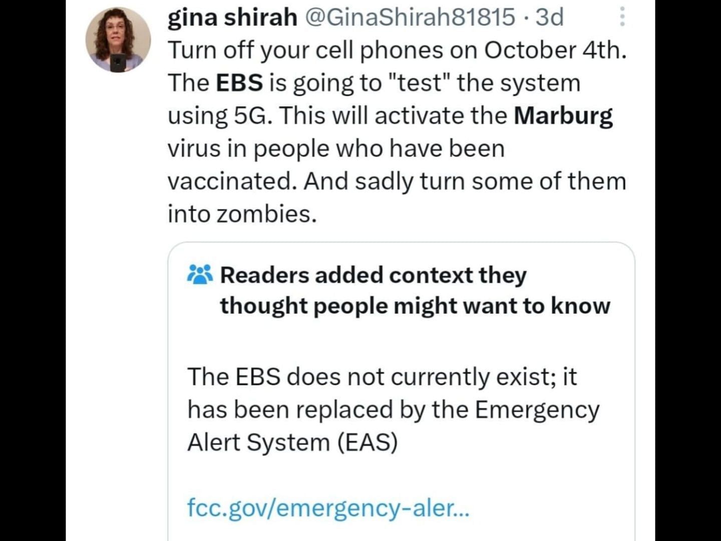 Gina Shirah&#039;s viral post about the emergency test. (Image via X/@GinaShirah81815)