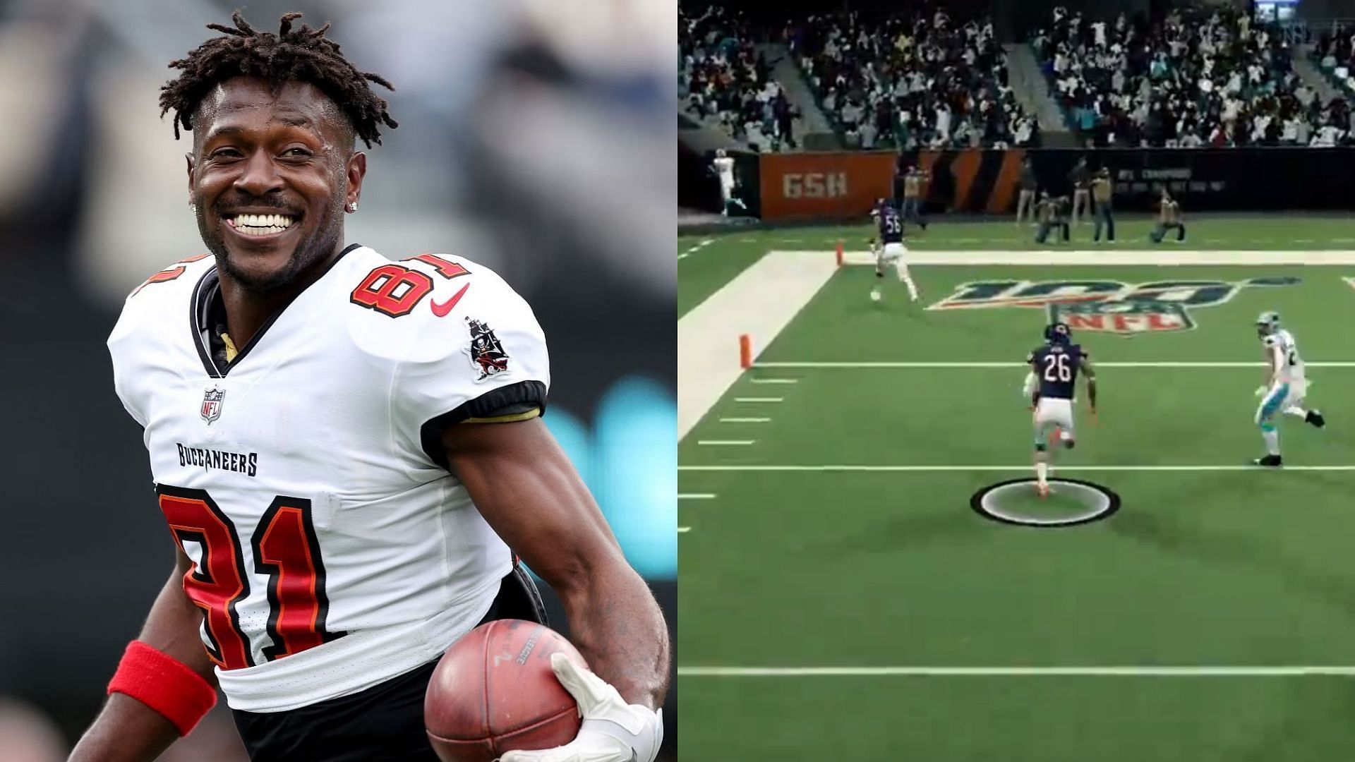 Antonio Brown and a Madden glitch featuring an AI player running off the field. (Image credit: BergTheVoice on Reddit)