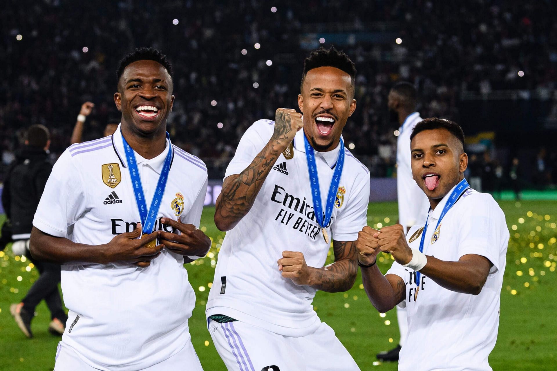 (L-R) The Brazilian Trio of Vinicius, Militao, and Rodrygo after winning the club World Cup in 2022.