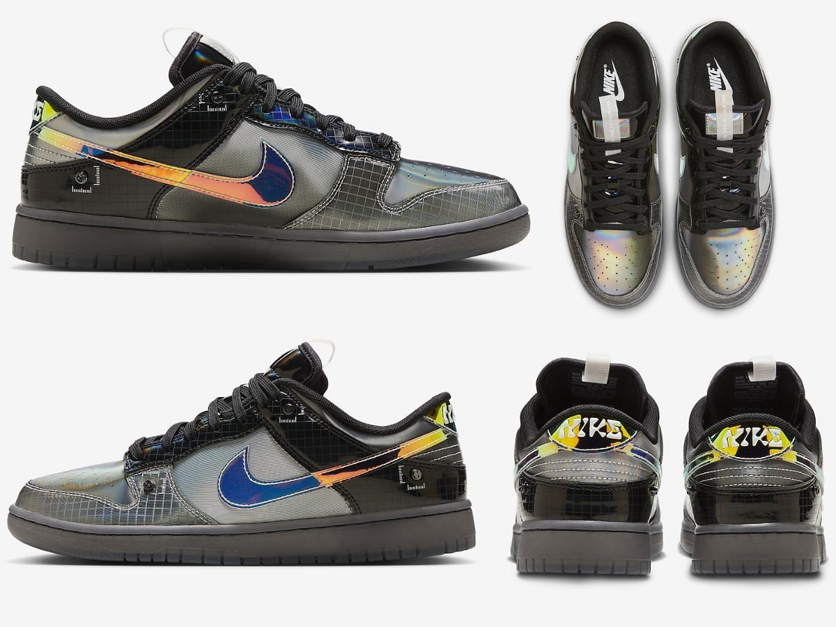 The upcoming Nike Dunk Low &quot;Hyperflat&quot; sneakers come clad in a dark iridescent makeover (Image via Sportskeeda)