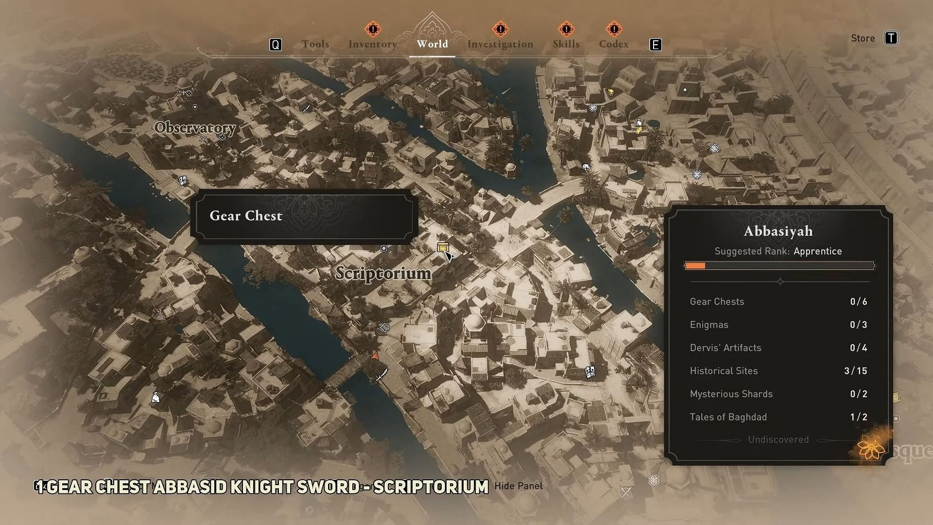 Scriptorium Gear Chest location in Assassin&#039;s Creed Mirage (Image via WoW Quests/YouTube)