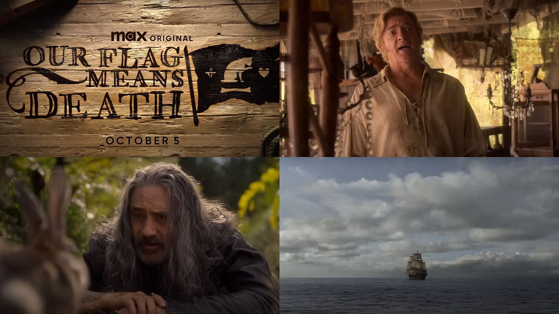 Collage of snippets from Our Flag Means Death season 2 trailer. (Photos via YouTube/Max/Sportskeeda)